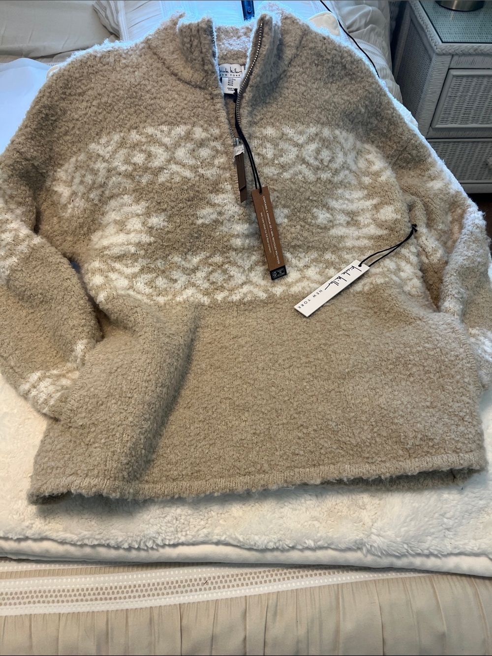 Nicole Miller Taupe and White Sherpa Cowl Pullover
